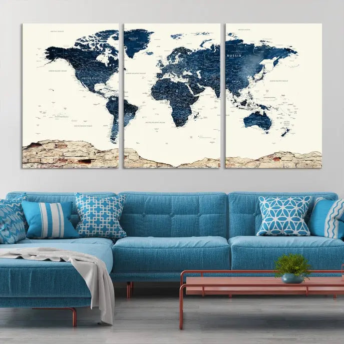 The Watercolor World Map Wall Art Canvas Print, crafted on museum-quality canvas, adorns the wall. Each piece is hand-assembled and features a UV-protective coating to ensure lasting beauty and vibrancy.