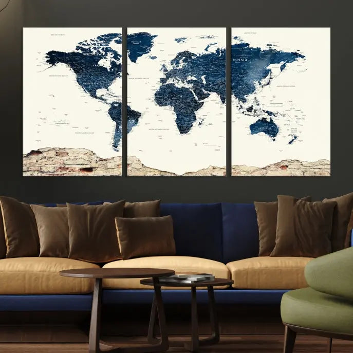 The Watercolor World Map Wall Art Canvas Print, crafted on museum-quality canvas, adorns the wall. Each piece is hand-assembled and features a UV-protective coating to ensure lasting beauty and vibrancy.