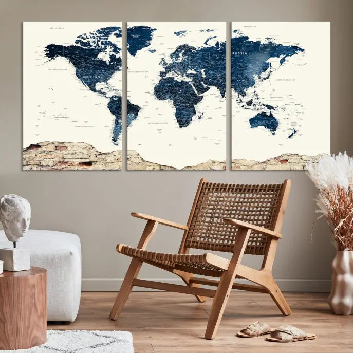 The Watercolor World Map Wall Art Canvas Print, crafted on museum-quality canvas, adorns the wall. Each piece is hand-assembled and features a UV-protective coating to ensure lasting beauty and vibrancy.