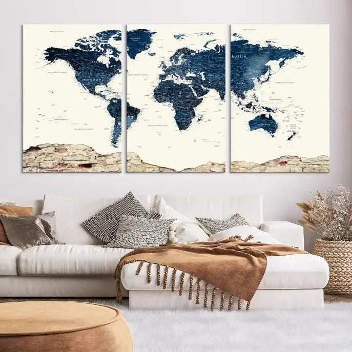 The Watercolor World Map Wall Art Canvas Print, crafted on museum-quality canvas, adorns the wall. Each piece is hand-assembled and features a UV-protective coating to ensure lasting beauty and vibrancy.