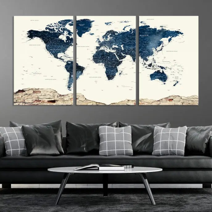 The Watercolor World Map Wall Art Canvas Print, crafted on museum-quality canvas, adorns the wall. Each piece is hand-assembled and features a UV-protective coating to ensure lasting beauty and vibrancy.