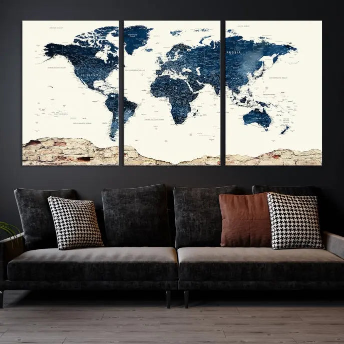 The Watercolor World Map Wall Art Canvas Print, crafted on museum-quality canvas, adorns the wall. Each piece is hand-assembled and features a UV-protective coating to ensure lasting beauty and vibrancy.