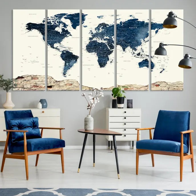 The Watercolor World Map Wall Art Canvas Print, crafted on museum-quality canvas, adorns the wall. Each piece is hand-assembled and features a UV-protective coating to ensure lasting beauty and vibrancy.