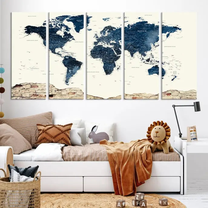 The Watercolor World Map Wall Art Canvas Print, crafted on museum-quality canvas, adorns the wall. Each piece is hand-assembled and features a UV-protective coating to ensure lasting beauty and vibrancy.