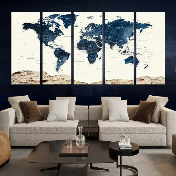 The Watercolor World Map Wall Art Canvas Print, crafted on museum-quality canvas, adorns the wall. Each piece is hand-assembled and features a UV-protective coating to ensure lasting beauty and vibrancy.