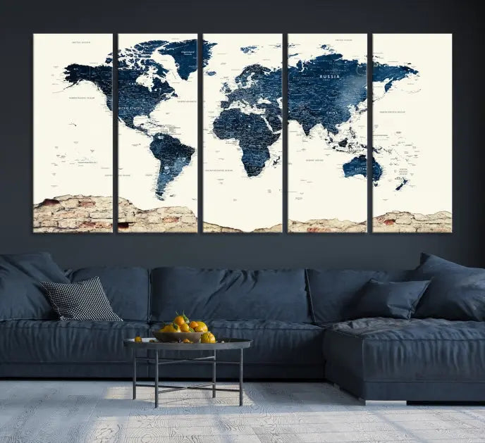 The Watercolor World Map Wall Art Canvas Print, crafted on museum-quality canvas, adorns the wall. Each piece is hand-assembled and features a UV-protective coating to ensure lasting beauty and vibrancy.