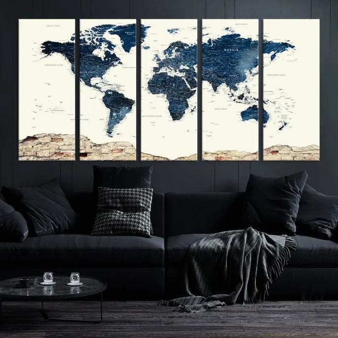 The Watercolor World Map Wall Art Canvas Print, crafted on museum-quality canvas, adorns the wall. Each piece is hand-assembled and features a UV-protective coating to ensure lasting beauty and vibrancy.