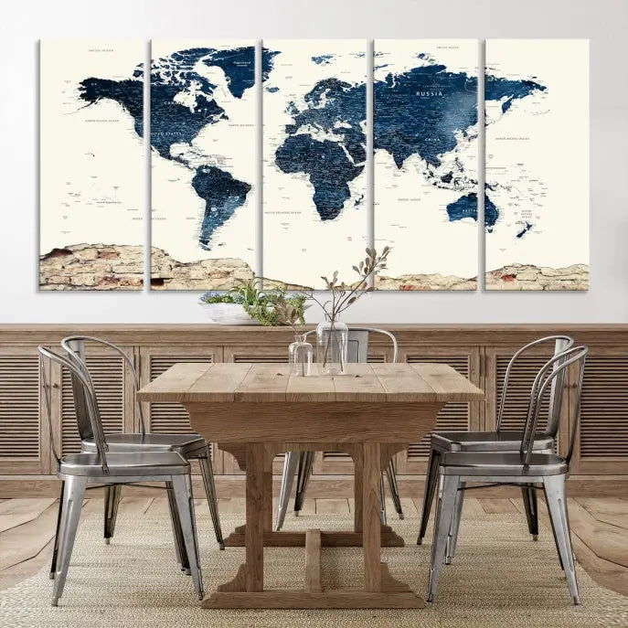 The Watercolor World Map Wall Art Canvas Print, crafted on museum-quality canvas, adorns the wall. Each piece is hand-assembled and features a UV-protective coating to ensure lasting beauty and vibrancy.