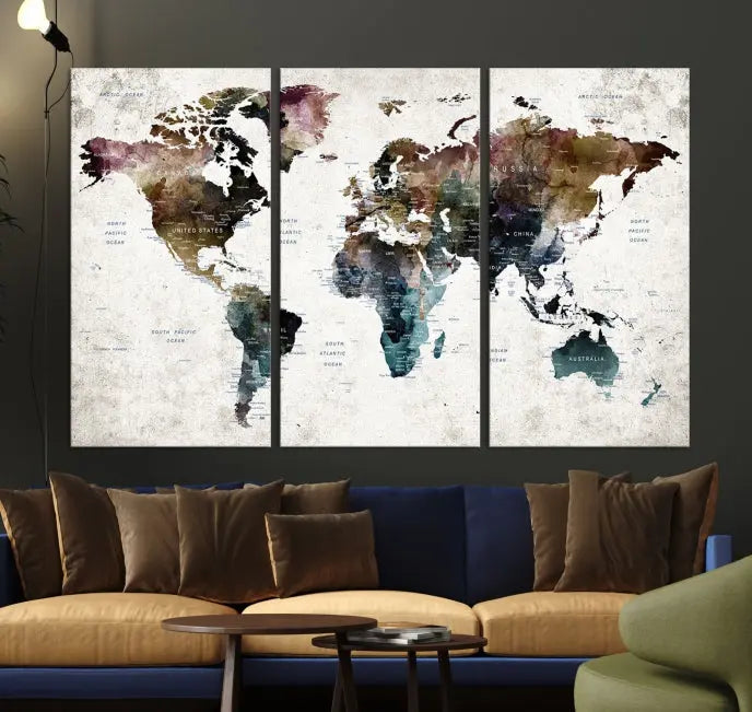 A gallery-wrapped Watercolor World Map Wall Art Canvas Print adorns the wall, printed on museum-quality canvas and finished with a UV-protective coating to preserve its vibrant hues.