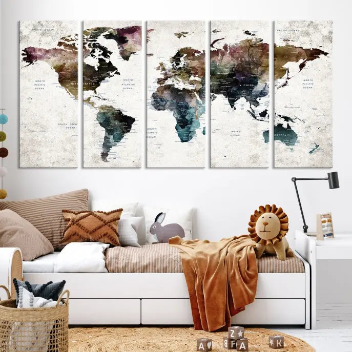 A gallery-wrapped Watercolor World Map Wall Art Canvas Print adorns the wall, printed on museum-quality canvas and finished with a UV-protective coating to preserve its vibrant hues.