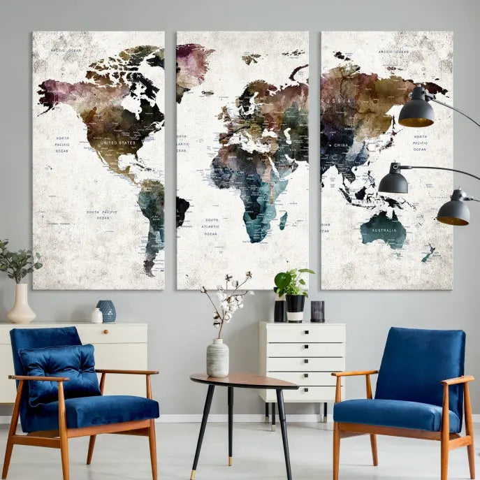 A gallery-wrapped Watercolor World Map Wall Art Canvas Print adorns the wall, printed on museum-quality canvas and finished with a UV-protective coating to preserve its vibrant hues.