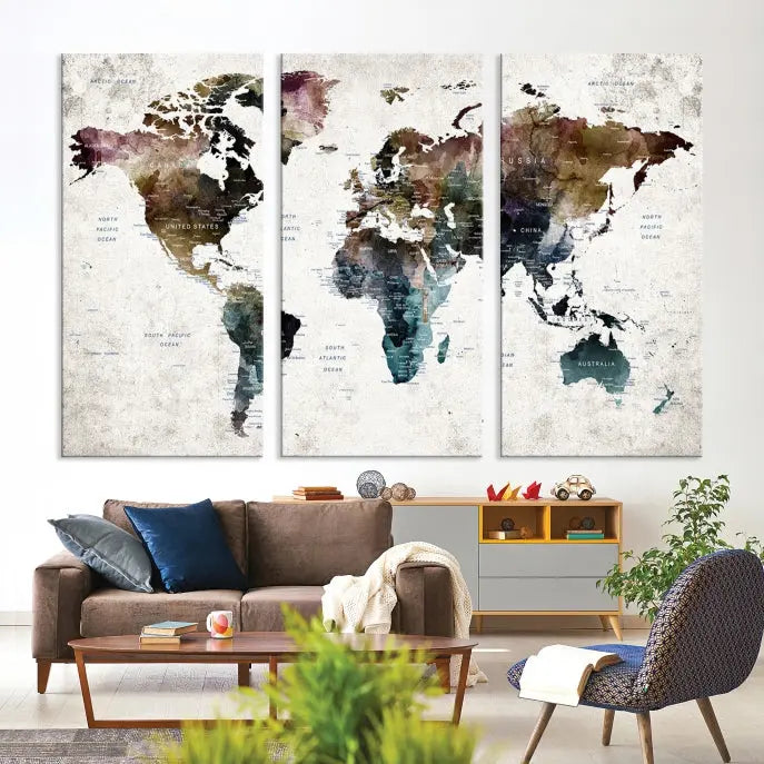 A gallery-wrapped Watercolor World Map Wall Art Canvas Print adorns the wall, printed on museum-quality canvas and finished with a UV-protective coating to preserve its vibrant hues.