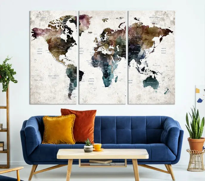 A gallery-wrapped Watercolor World Map Wall Art Canvas Print adorns the wall, printed on museum-quality canvas and finished with a UV-protective coating to preserve its vibrant hues.