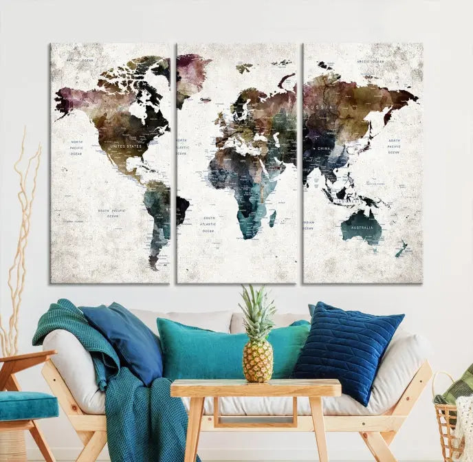 A gallery-wrapped Watercolor World Map Wall Art Canvas Print adorns the wall, printed on museum-quality canvas and finished with a UV-protective coating to preserve its vibrant hues.