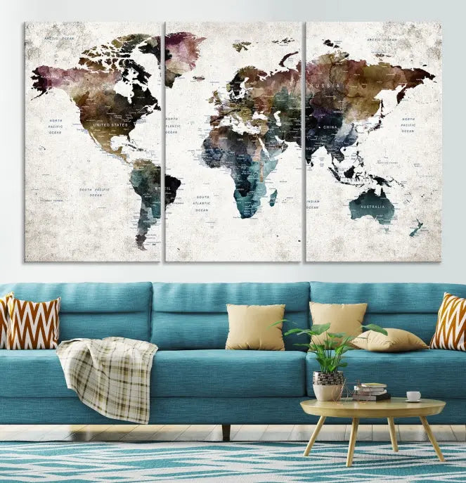 A gallery-wrapped Watercolor World Map Wall Art Canvas Print adorns the wall, printed on museum-quality canvas and finished with a UV-protective coating to preserve its vibrant hues.