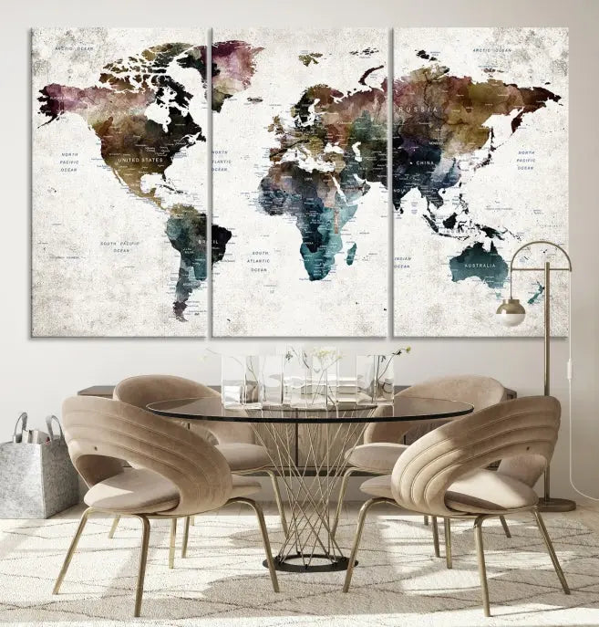 A gallery-wrapped Watercolor World Map Wall Art Canvas Print adorns the wall, printed on museum-quality canvas and finished with a UV-protective coating to preserve its vibrant hues.