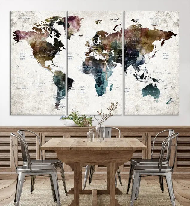 A gallery-wrapped Watercolor World Map Wall Art Canvas Print adorns the wall, printed on museum-quality canvas and finished with a UV-protective coating to preserve its vibrant hues.