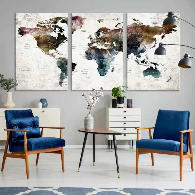 A gallery-wrapped Watercolor World Map Wall Art Canvas Print adorns the wall, printed on museum-quality canvas and finished with a UV-protective coating to preserve its vibrant hues.