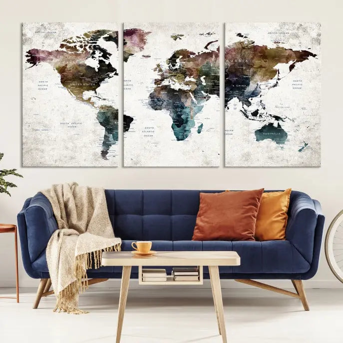 A gallery-wrapped Watercolor World Map Wall Art Canvas Print adorns the wall, printed on museum-quality canvas and finished with a UV-protective coating to preserve its vibrant hues.