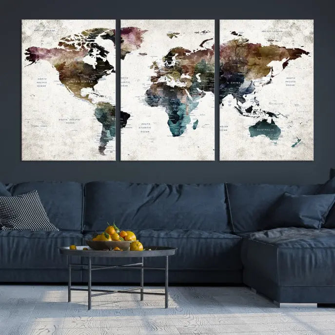 A gallery-wrapped Watercolor World Map Wall Art Canvas Print adorns the wall, printed on museum-quality canvas and finished with a UV-protective coating to preserve its vibrant hues.