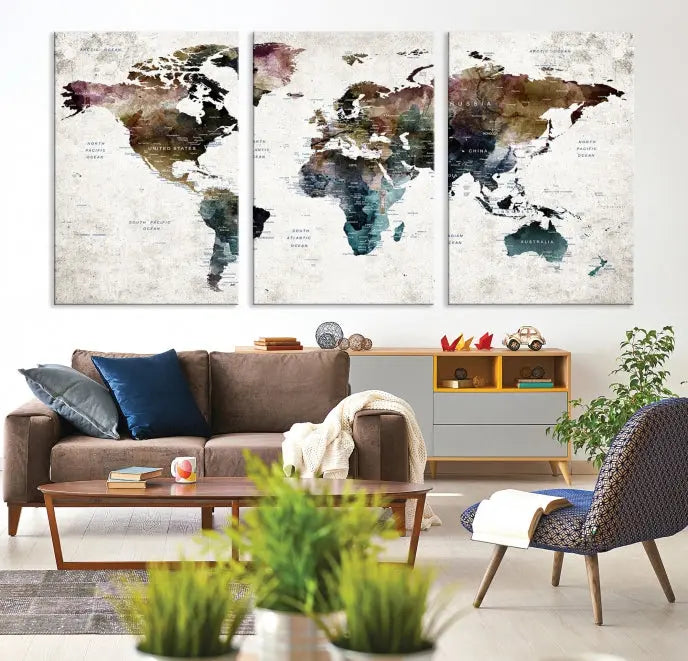 A gallery-wrapped Watercolor World Map Wall Art Canvas Print adorns the wall, printed on museum-quality canvas and finished with a UV-protective coating to preserve its vibrant hues.