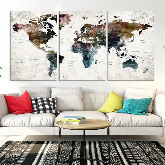 A gallery-wrapped Watercolor World Map Wall Art Canvas Print adorns the wall, printed on museum-quality canvas and finished with a UV-protective coating to preserve its vibrant hues.