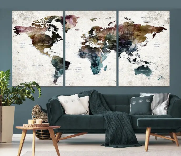 A gallery-wrapped Watercolor World Map Wall Art Canvas Print adorns the wall, printed on museum-quality canvas and finished with a UV-protective coating to preserve its vibrant hues.