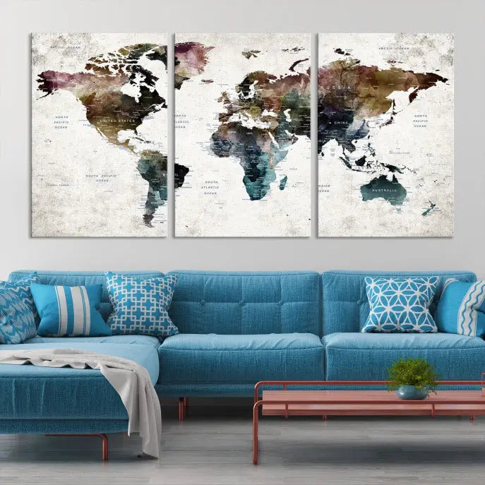 A gallery-wrapped Watercolor World Map Wall Art Canvas Print adorns the wall, printed on museum-quality canvas and finished with a UV-protective coating to preserve its vibrant hues.