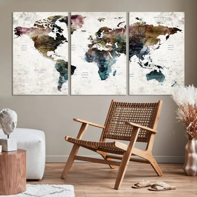 A gallery-wrapped Watercolor World Map Wall Art Canvas Print adorns the wall, printed on museum-quality canvas and finished with a UV-protective coating to preserve its vibrant hues.