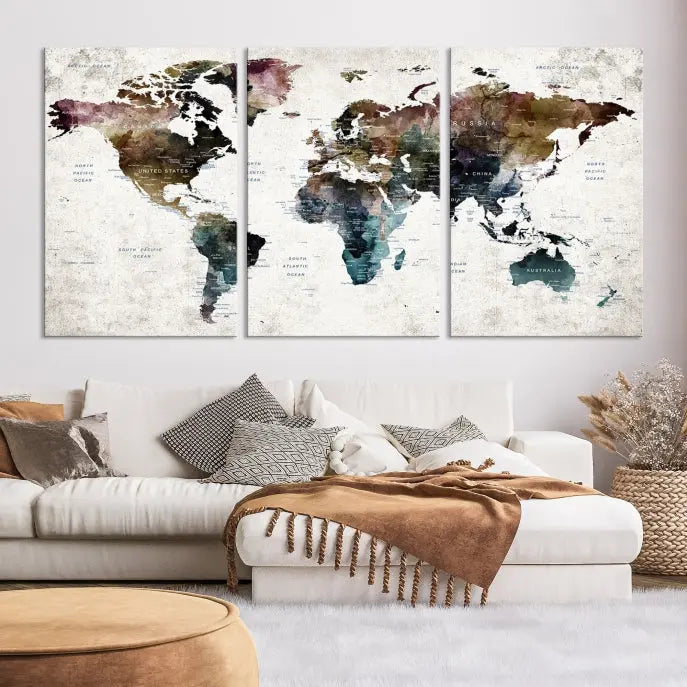 A gallery-wrapped Watercolor World Map Wall Art Canvas Print adorns the wall, printed on museum-quality canvas and finished with a UV-protective coating to preserve its vibrant hues.