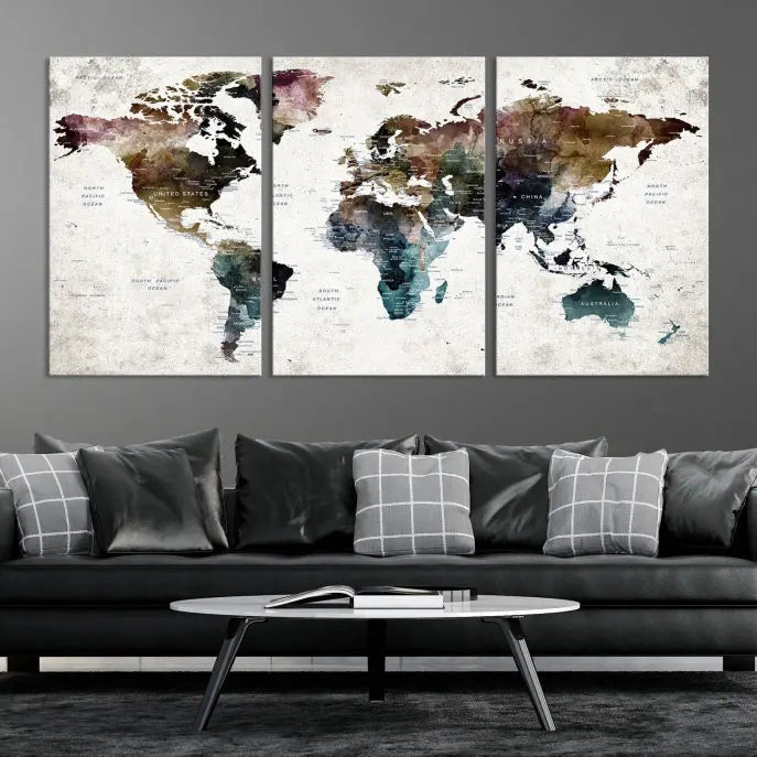 A gallery-wrapped Watercolor World Map Wall Art Canvas Print adorns the wall, printed on museum-quality canvas and finished with a UV-protective coating to preserve its vibrant hues.