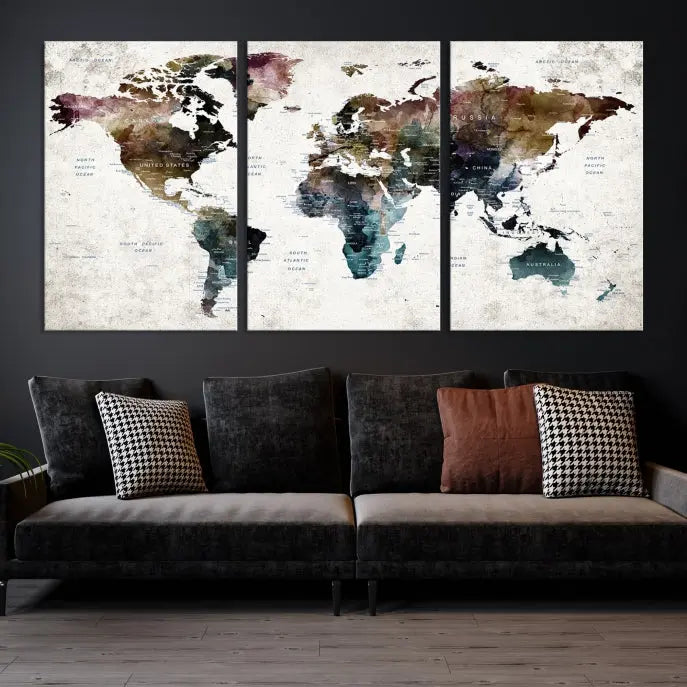 A gallery-wrapped Watercolor World Map Wall Art Canvas Print adorns the wall, printed on museum-quality canvas and finished with a UV-protective coating to preserve its vibrant hues.