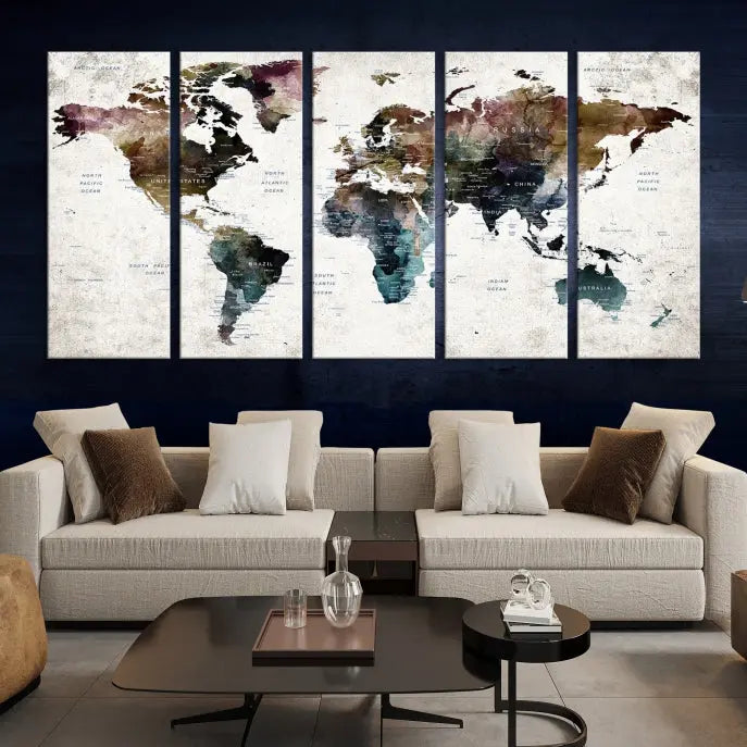 A gallery-wrapped Watercolor World Map Wall Art Canvas Print adorns the wall, printed on museum-quality canvas and finished with a UV-protective coating to preserve its vibrant hues.