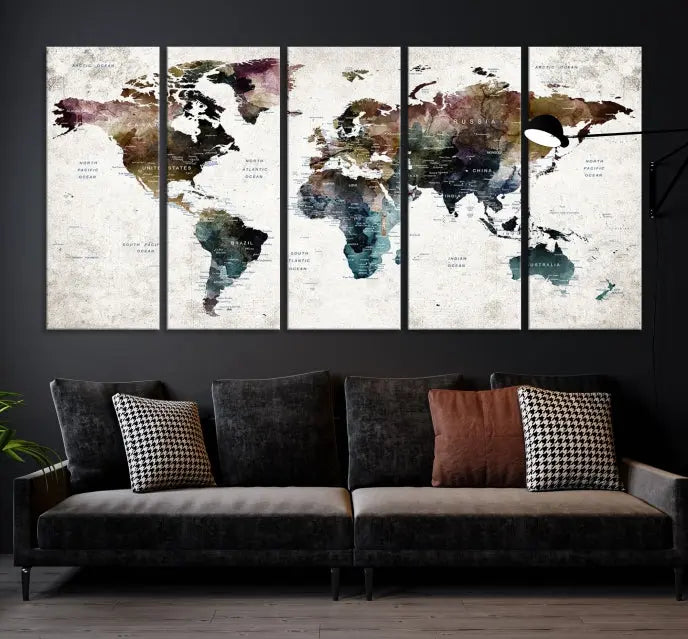 A gallery-wrapped Watercolor World Map Wall Art Canvas Print adorns the wall, printed on museum-quality canvas and finished with a UV-protective coating to preserve its vibrant hues.