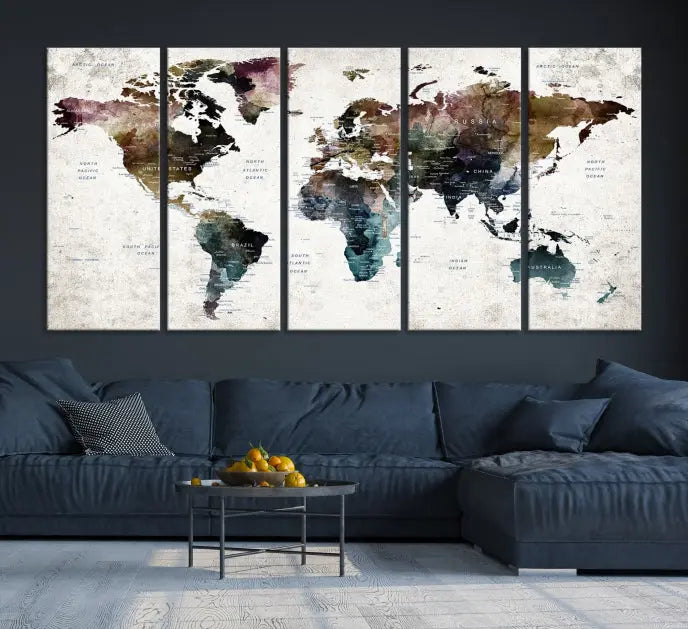 A gallery-wrapped Watercolor World Map Wall Art Canvas Print adorns the wall, printed on museum-quality canvas and finished with a UV-protective coating to preserve its vibrant hues.