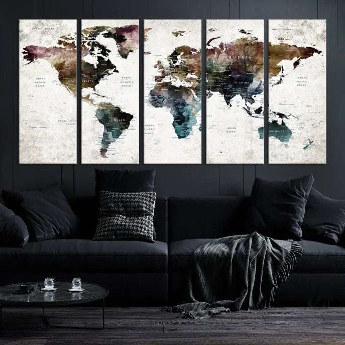 A gallery-wrapped Watercolor World Map Wall Art Canvas Print adorns the wall, printed on museum-quality canvas and finished with a UV-protective coating to preserve its vibrant hues.