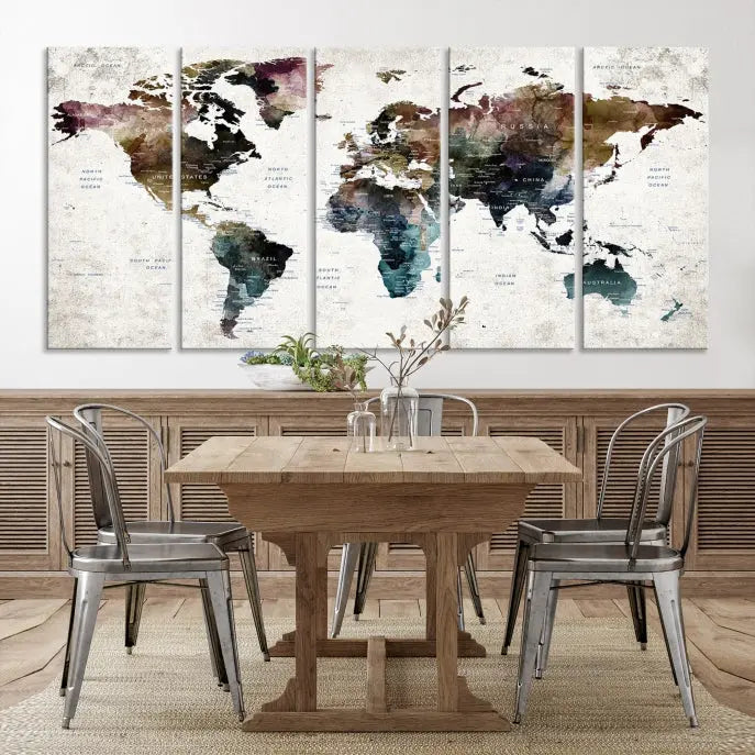 A gallery-wrapped Watercolor World Map Wall Art Canvas Print adorns the wall, printed on museum-quality canvas and finished with a UV-protective coating to preserve its vibrant hues.