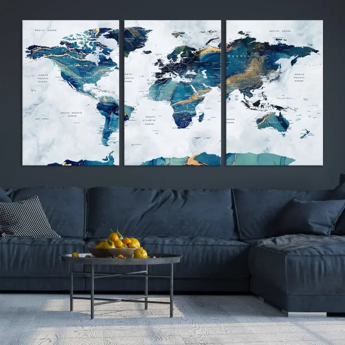 A hand-assembled, framed three-panel Watercolor World Map Wall Art Canvas Print graces the space. Ready to hang and crafted with museum-quality polycotton, this piece adds elegance to any area.