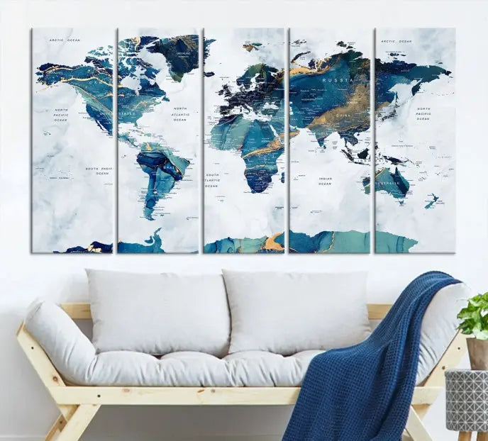 A hand-assembled, framed three-panel Watercolor World Map Wall Art Canvas Print graces the space. Ready to hang and crafted with museum-quality polycotton, this piece adds elegance to any area.