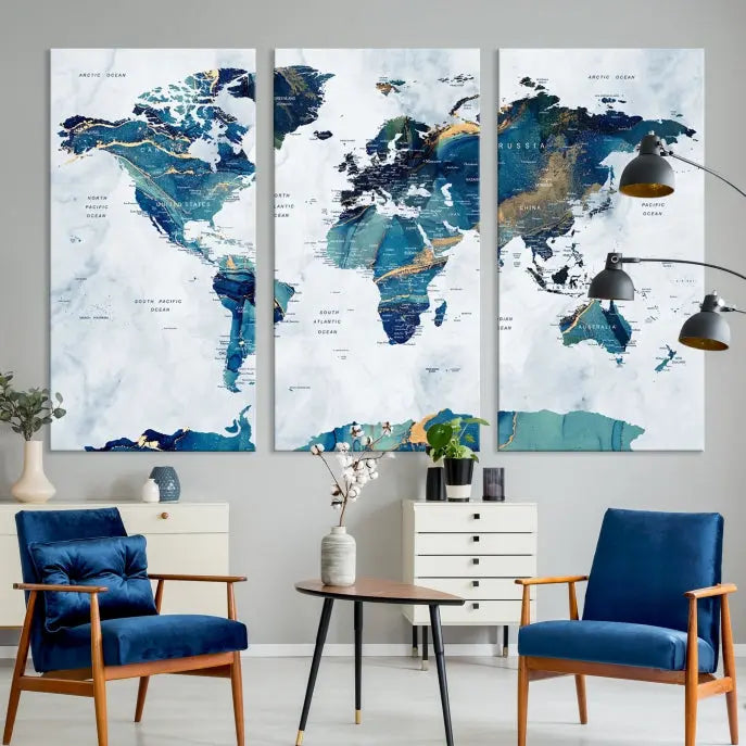 A hand-assembled, framed three-panel Watercolor World Map Wall Art Canvas Print graces the space. Ready to hang and crafted with museum-quality polycotton, this piece adds elegance to any area.