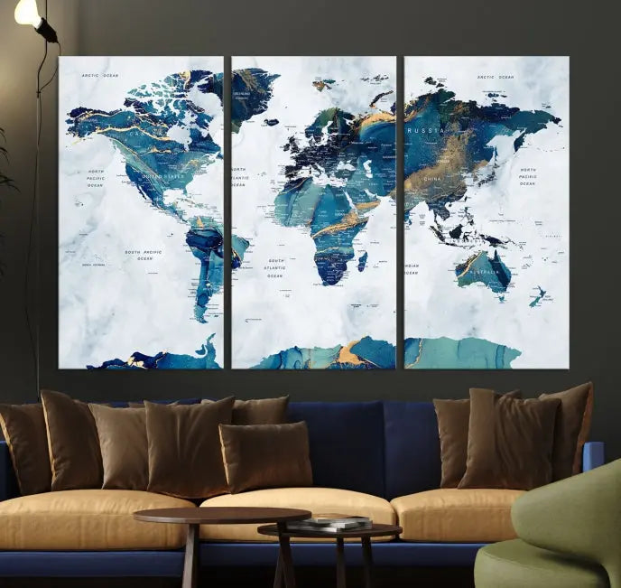 A hand-assembled, framed three-panel Watercolor World Map Wall Art Canvas Print graces the space. Ready to hang and crafted with museum-quality polycotton, this piece adds elegance to any area.