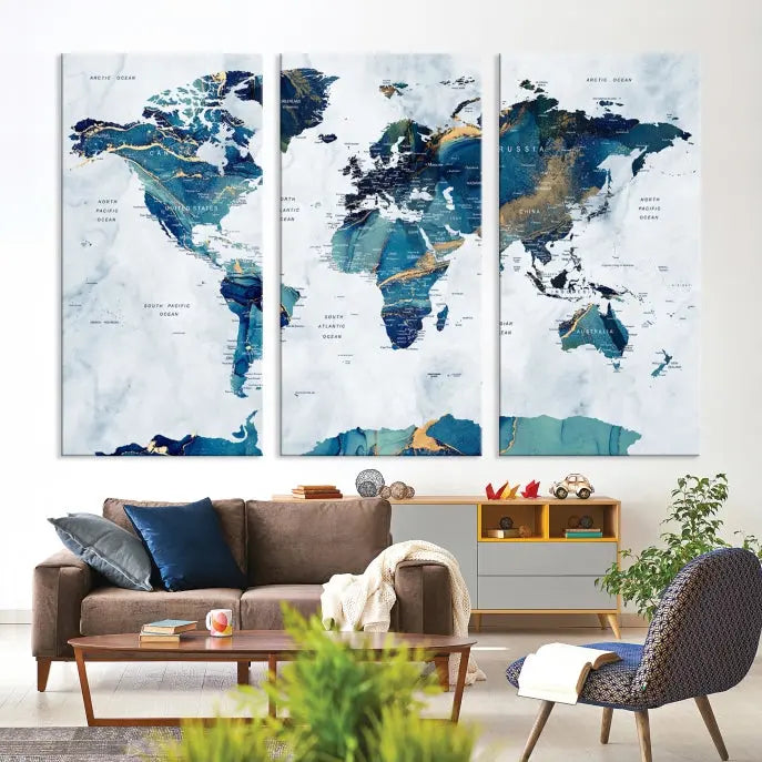 A hand-assembled, framed three-panel Watercolor World Map Wall Art Canvas Print graces the space. Ready to hang and crafted with museum-quality polycotton, this piece adds elegance to any area.