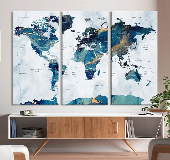 A hand-assembled, framed three-panel Watercolor World Map Wall Art Canvas Print graces the space. Ready to hang and crafted with museum-quality polycotton, this piece adds elegance to any area.