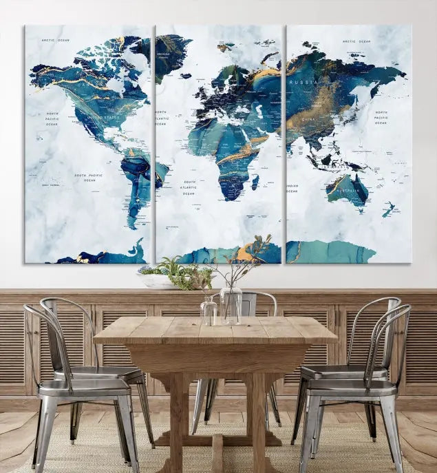 A hand-assembled, framed three-panel Watercolor World Map Wall Art Canvas Print graces the space. Ready to hang and crafted with museum-quality polycotton, this piece adds elegance to any area.