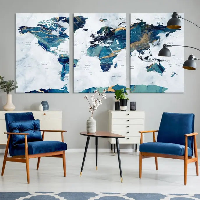 A hand-assembled, framed three-panel Watercolor World Map Wall Art Canvas Print graces the space. Ready to hang and crafted with museum-quality polycotton, this piece adds elegance to any area.