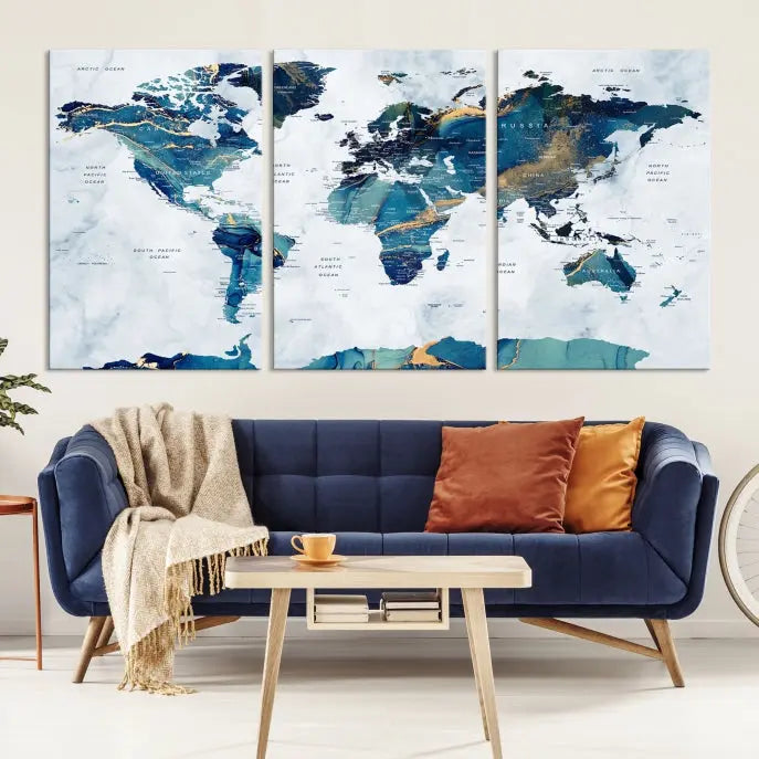 A hand-assembled, framed three-panel Watercolor World Map Wall Art Canvas Print graces the space. Ready to hang and crafted with museum-quality polycotton, this piece adds elegance to any area.