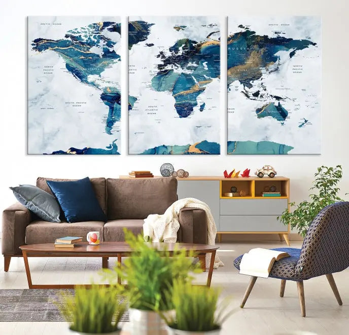 A hand-assembled, framed three-panel Watercolor World Map Wall Art Canvas Print graces the space. Ready to hang and crafted with museum-quality polycotton, this piece adds elegance to any area.