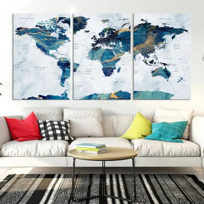 A hand-assembled, framed three-panel Watercolor World Map Wall Art Canvas Print graces the space. Ready to hang and crafted with museum-quality polycotton, this piece adds elegance to any area.