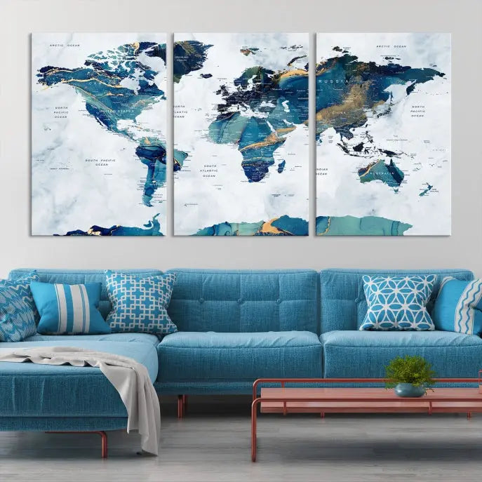 A hand-assembled, framed three-panel Watercolor World Map Wall Art Canvas Print graces the space. Ready to hang and crafted with museum-quality polycotton, this piece adds elegance to any area.