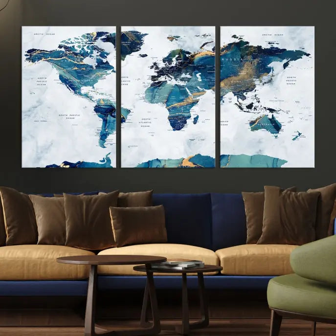 A hand-assembled, framed three-panel Watercolor World Map Wall Art Canvas Print graces the space. Ready to hang and crafted with museum-quality polycotton, this piece adds elegance to any area.